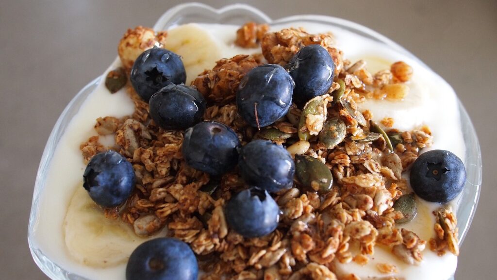 yogurt, granola, blueberries