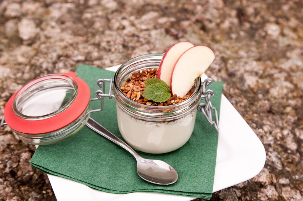 glass jar, yogurt, dessert